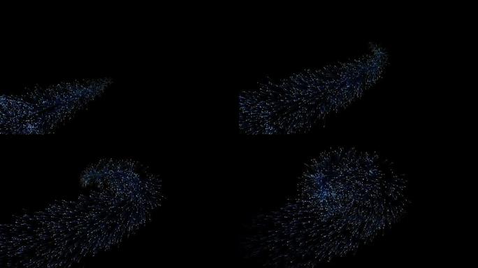 蓝色粒子沿对角线运动，中心路径中的一个环爆炸，孤立在黑色，深色背景上。