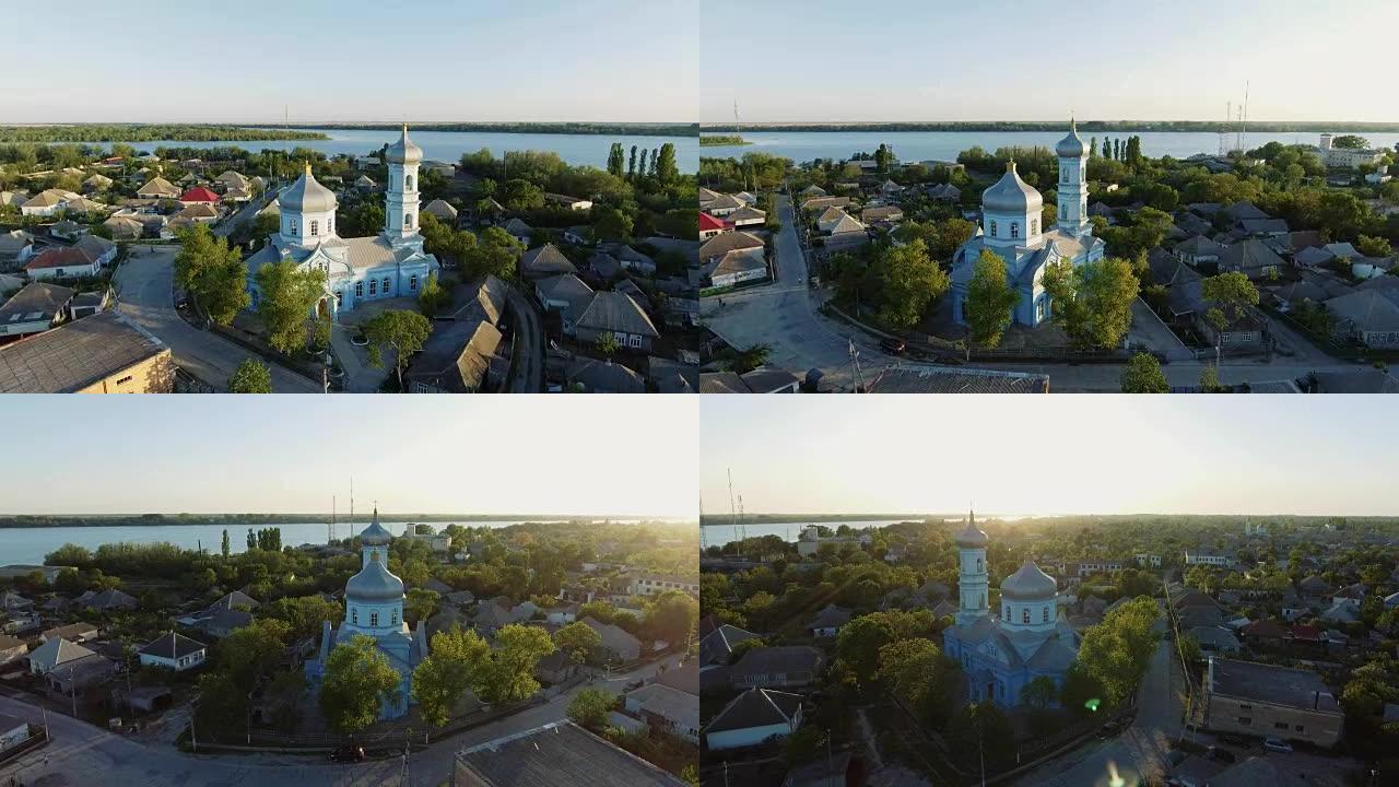 维尔科沃市中心的航拍画面 -- 乌克兰敖德萨地区夏季教堂的俯视图