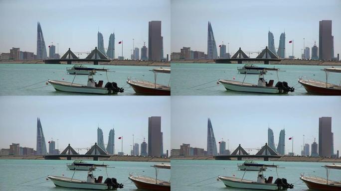 巴林。渔船和麦纳麦天际线