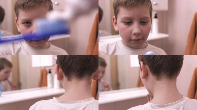 小男孩用牙刷和牙刷挤牙膏
