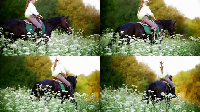 日落时分，年轻女子骑着马在草地上疾驰