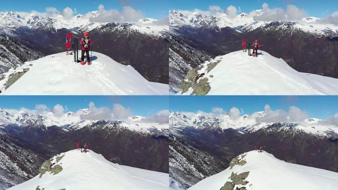 山顶徒步旅行者，滑雪游览登山雪山，阿尔卑斯山全景，征服逆境，取得成功