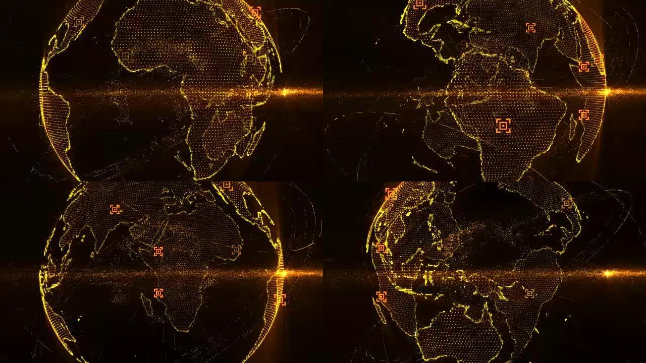 像素3D金色闪亮地球在与波粒一起旋转。地球旋转动画未来技术概念，空空白为您的文本和标志。