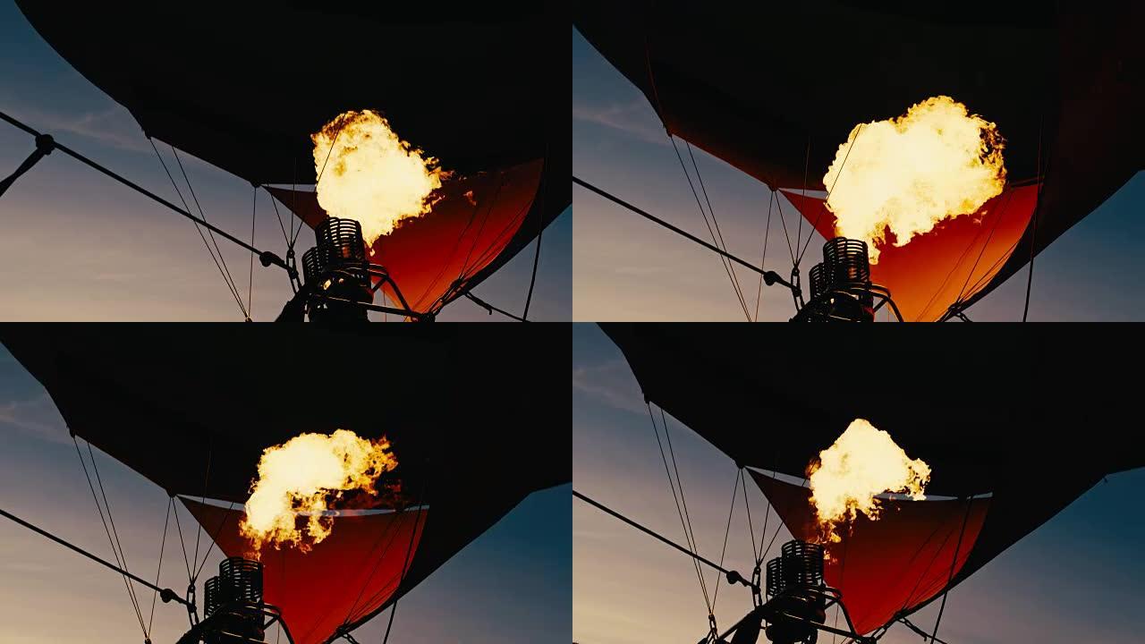 热气球。火焰爆发。慢动作