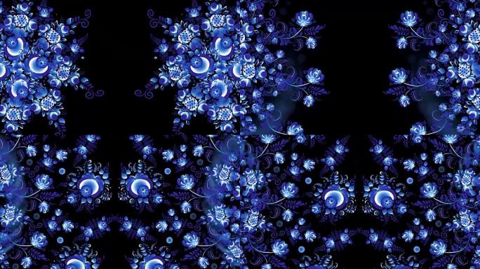 俄罗斯Khokhloma的动画。黑色背景上明亮的蓝色花朵的Khokhloma俄罗斯