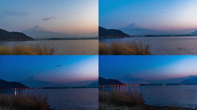 日本河口湖富士山的日夜景观