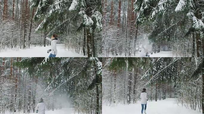 快乐的女孩在冬季森林中奔跑