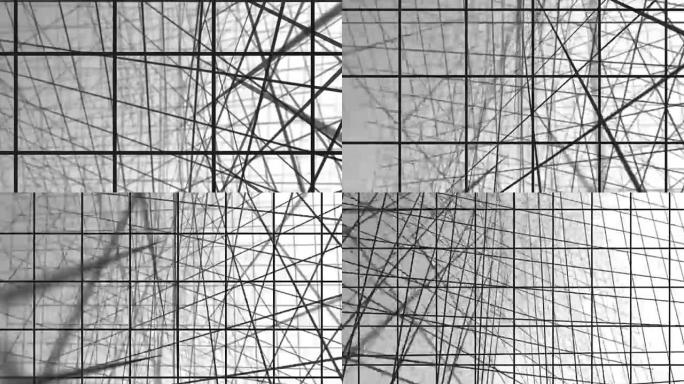白色正方形抽象运动白色背景的几何螺旋。黑线网格随机翻转白色背景。乐队的黑白组成