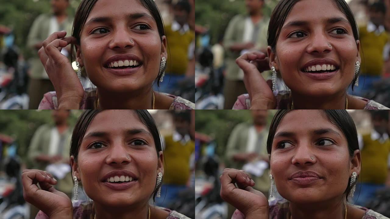 印度焦特布尔快乐年轻女孩的肖像 -- 慢动作