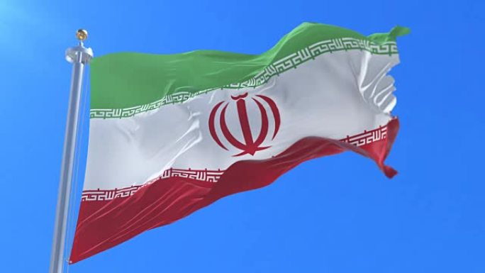 伊朗国旗在蓝天下缓慢挥舞，循环
