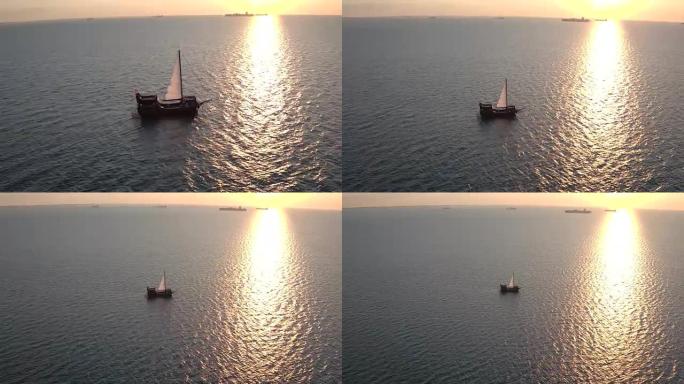 鸟瞰船在乌克兰黑海航行。海上帆船和干货船。