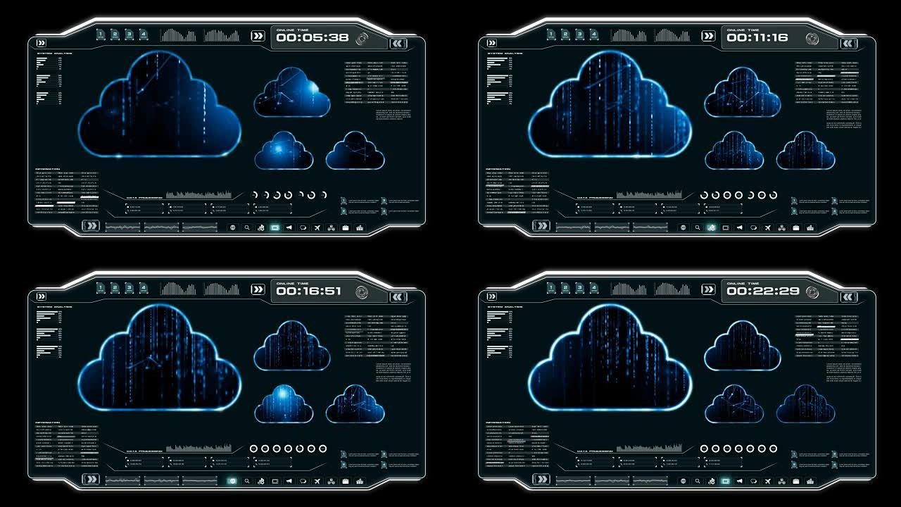 4k动画用户界面与云计算机数据HUD pi栏文本框表和元素在未来技术概念的黑暗抽象背景