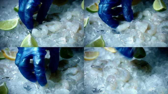冰上的4k鱼和海鲜，去皮的大虾多莉