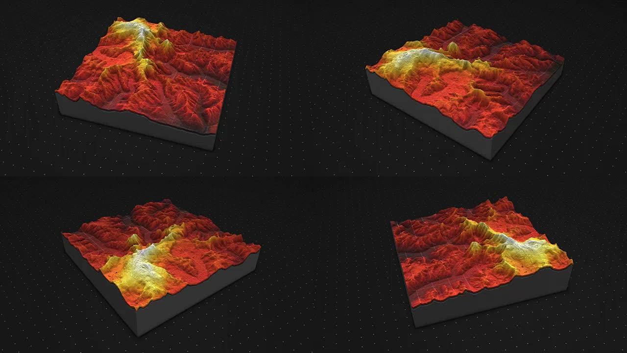 土壤切片的3d渲染，山脉孤立在黑暗背景上。