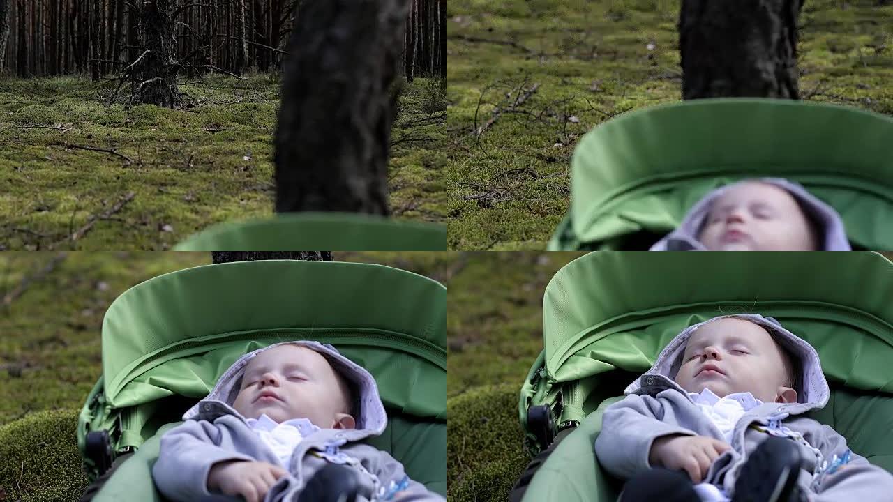 一个可爱的孩子睡在树下的森林里的特写镜头。