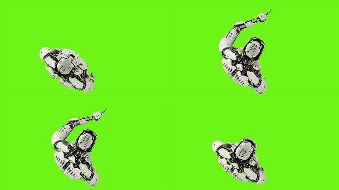 机器人安卓按下按键。绿屏背景上逼真的循环运动。4K