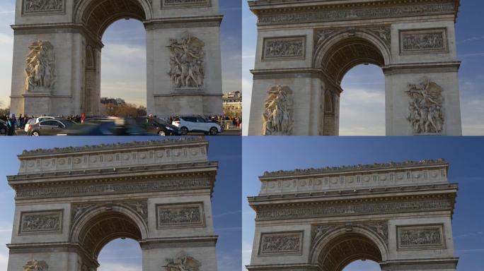 法国日落时间巴黎市著名凯旋门交通圈前全景4k