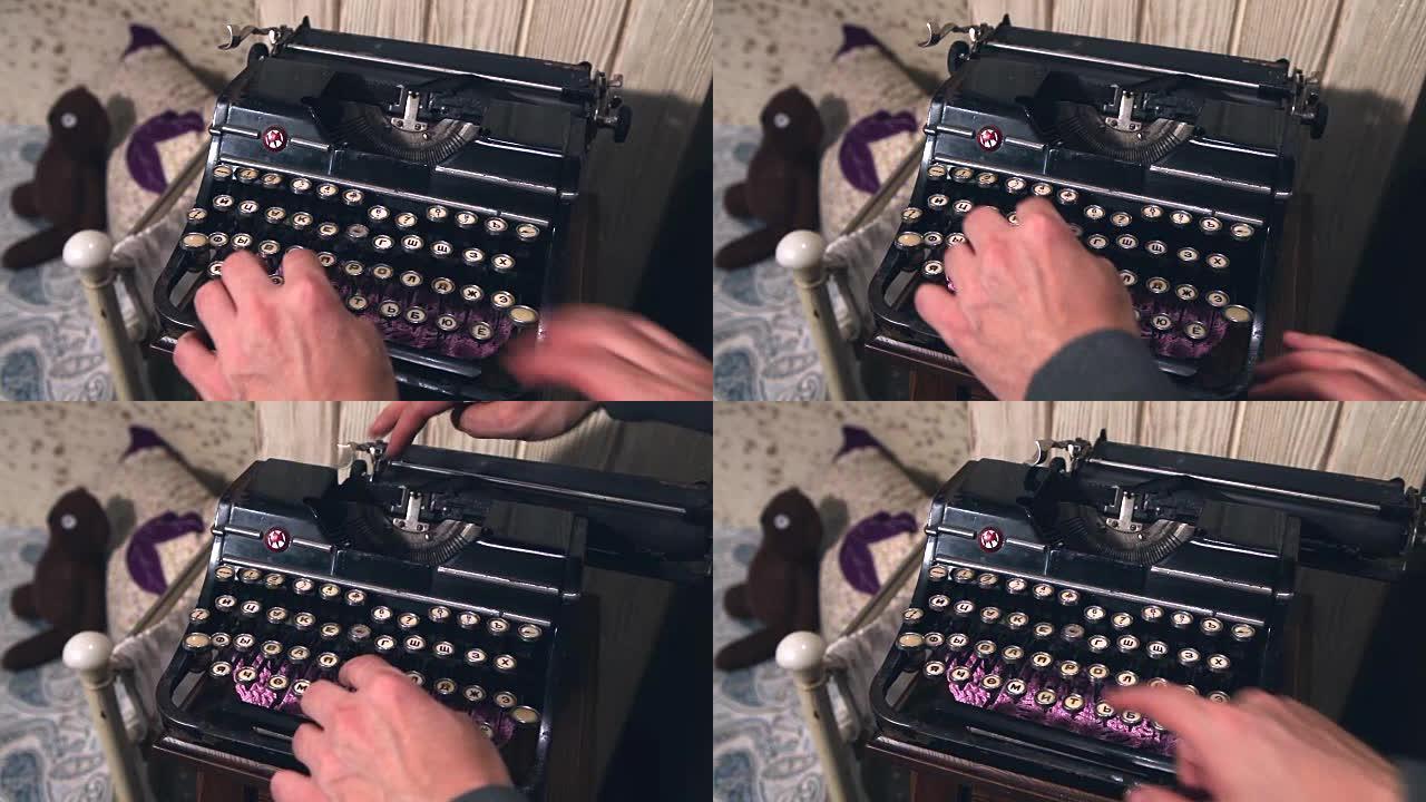 一个男人使用的老式打字机