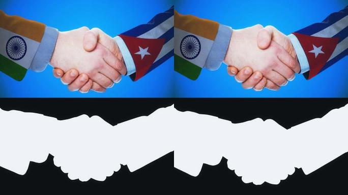 印度-古巴/握手概念动画国家和政治/与matte频道