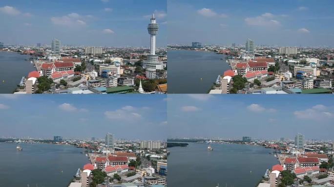 泰国-2017年12月: 空中拍摄平移了泰国湾知识博物馆和萨穆特·普拉卡恩公园塔的全景。