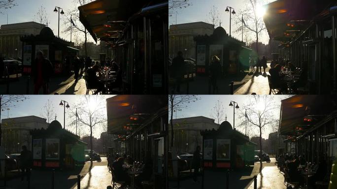 法国日落之夜巴黎城市街道咖啡馆人行道全景4k