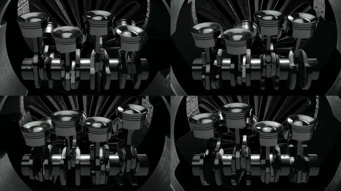 曲轴上的V8发动机活塞，在另一个机器循环内带有火花