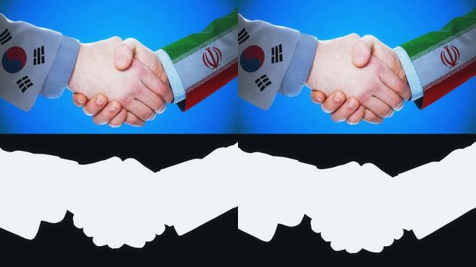 韩国-伊朗/握手概念动画关于国家和政治/与哑光频道