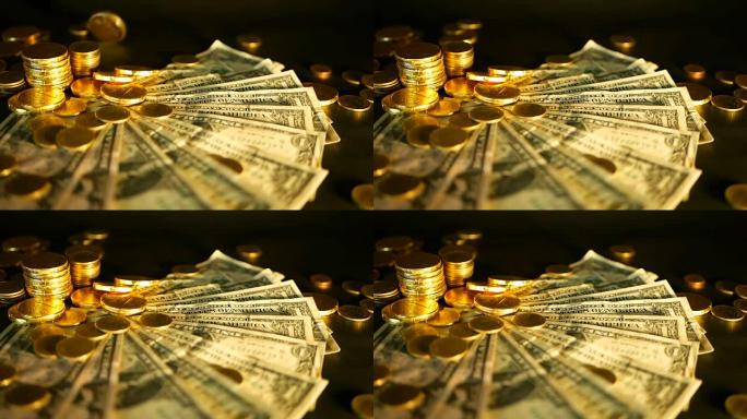 管理效率。黑色背景上成堆的金币美元纸币。金融业务、投资的成功。