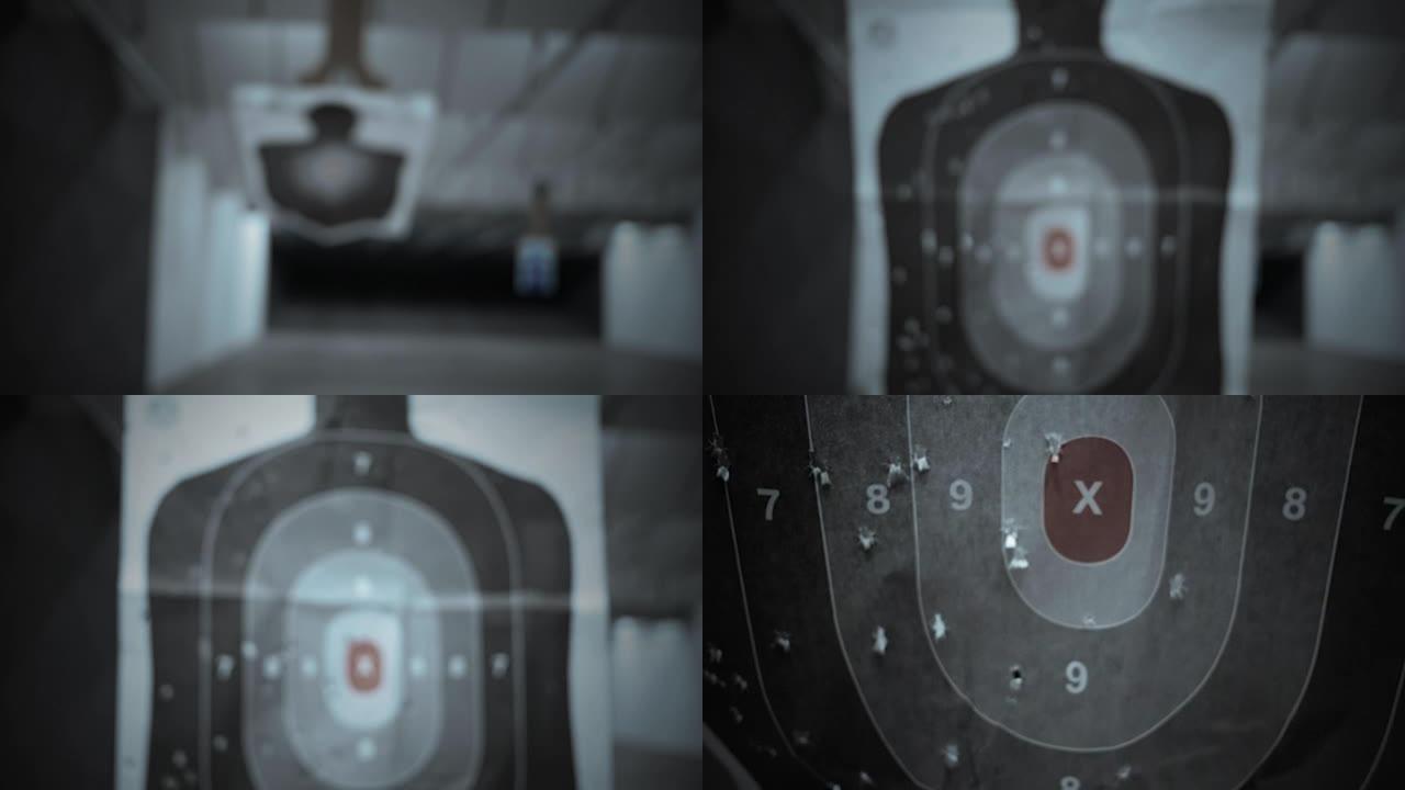 枪炮范围内的剪影目标滑向相机-黑暗的电影版本