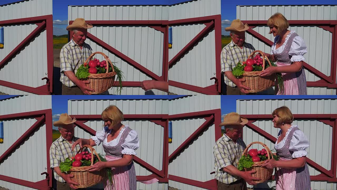 老人拿着一篮子成熟的蔬菜收集，一个女人检查它们。