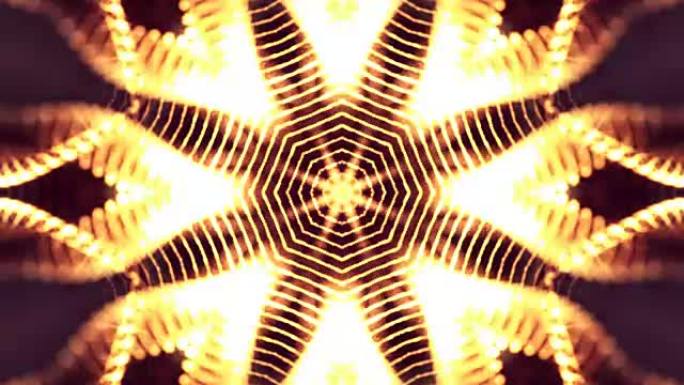3d循环动画作为科幻小说背景，具有景深的发光粒子和vj循环的散景。粒子形成线和表面网格。V22红金