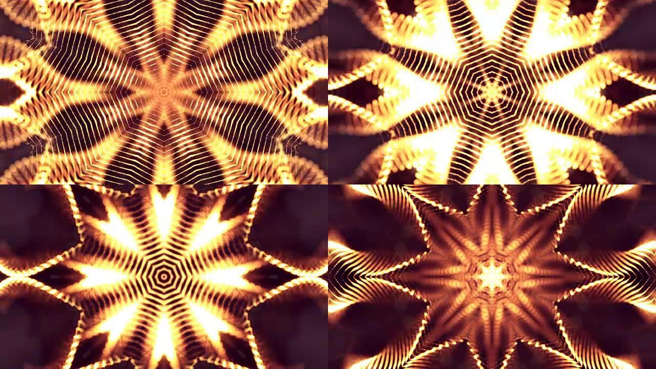 3d循环动画作为科幻小说背景，具有景深的发光粒子和vj循环的散景。粒子形成线和表面网格。V22红金