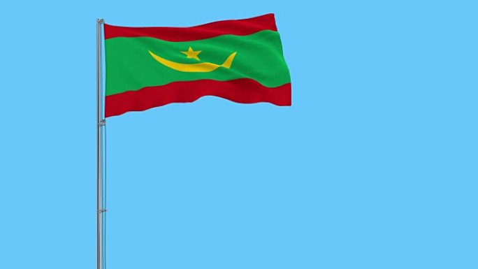 在蓝色背景上随风飘扬的旗杆上隔离毛里塔尼亚国旗，3d渲染