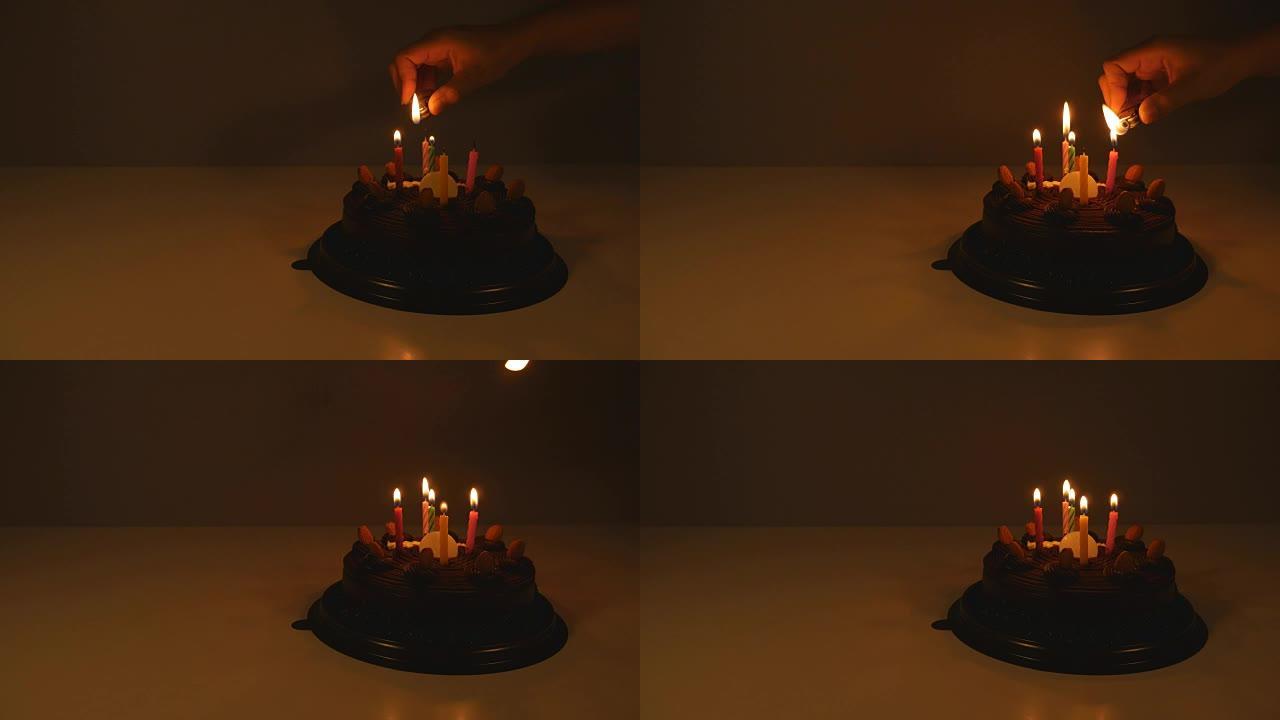 4k生日快乐蛋糕，带燃烧的螺旋蜡烛