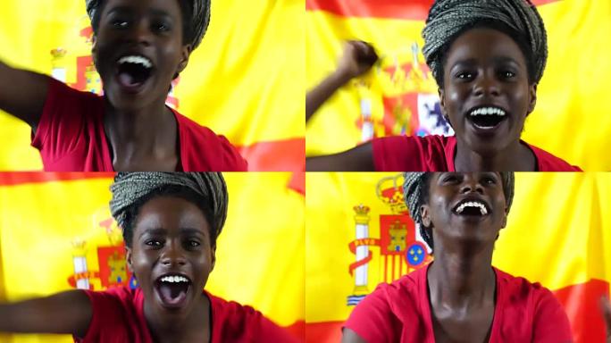 西班牙年轻黑人妇女用西班牙国旗庆祝
