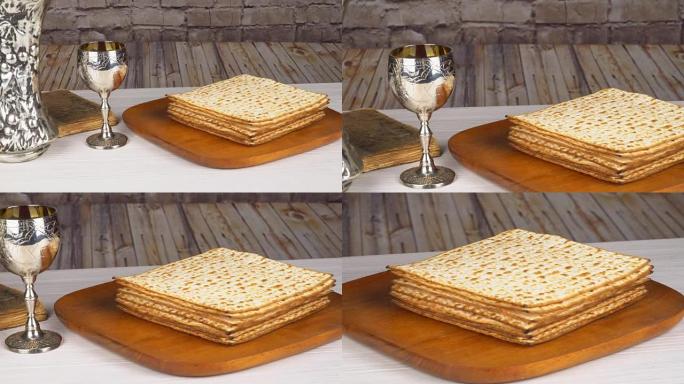 Pesach matzo逾越节配葡萄酒和matzoh犹太逾越节面包逾越节背景配matzo