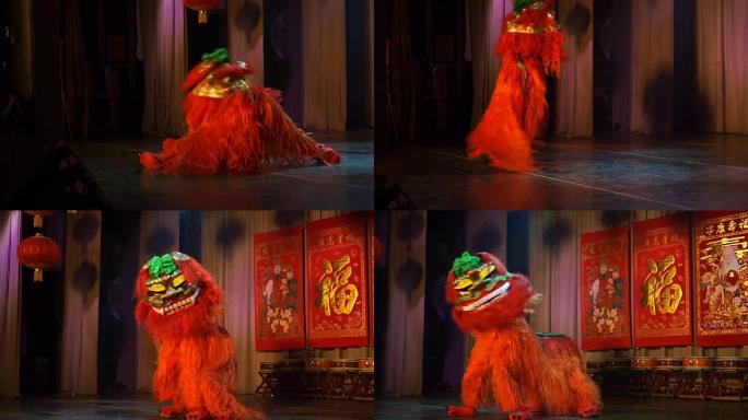 春节期间的红色舞狮表演