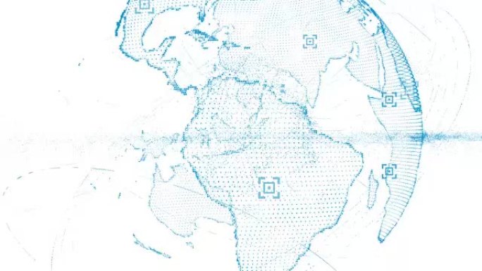 像素3D蓝色闪亮地球与波粒一起旋转。地球旋转动画未来技术概念，空空白为您的文本和标志。