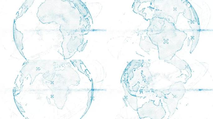 像素3D蓝色闪亮地球与波粒一起旋转。地球旋转动画未来技术概念，空空白为您的文本和标志。