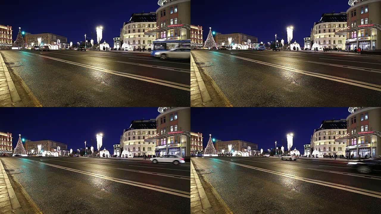 圣诞节 (新年假期) 晚上在俄罗斯莫斯科克里姆林宫附近的街道上照明