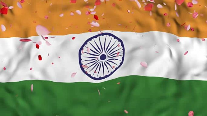 4k逼真的3D详细慢动作印度国旗在风中，挥舞着印度国旗背景，旗帜上落下玫瑰花瓣