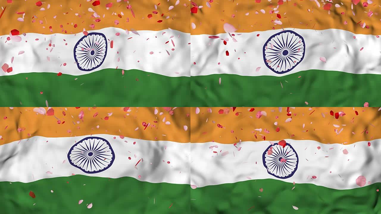4k逼真的3D详细慢动作印度国旗在风中，挥舞着印度国旗背景，旗帜上落下玫瑰花瓣