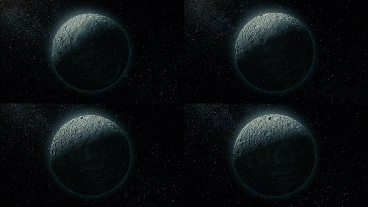 向宇宙中的土星卫星Mimas卫星旅行的动画。远离Mimas的直线多莉