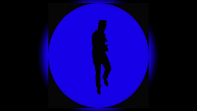 帽子里开朗的酷男人在圆形的蓝色背景上跳舞很有趣