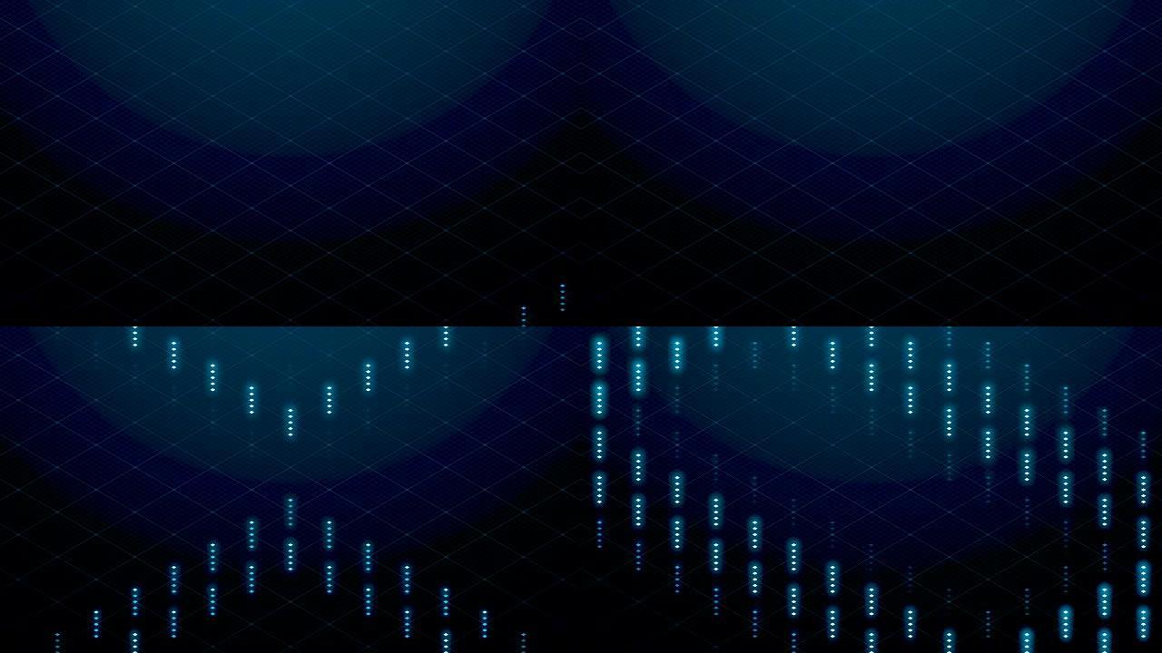 抽象3D等距虚拟波纹钻石方形覆盖层，蓝色带网格图案插图，黑色背景上的区块链技术概念设计，无缝循环动画