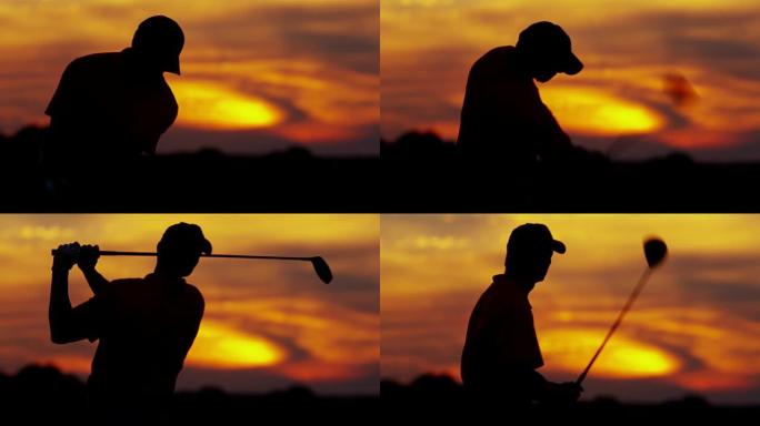 日落剪影男高尔夫球手在球道上开球