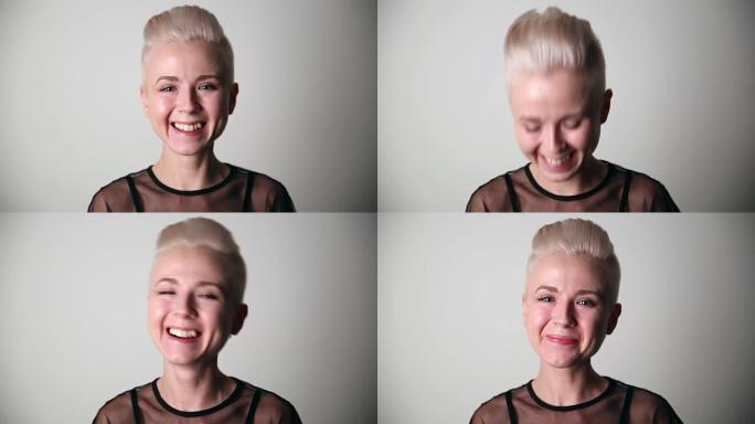 现代青年。工作室里一个不寻常外表的幸福女人的肖像，白色短发和创意发型。