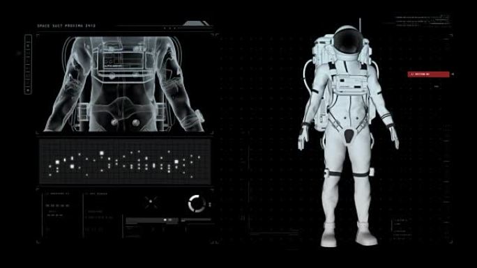 科幻界面显示3D宇航员的宇航服模型。