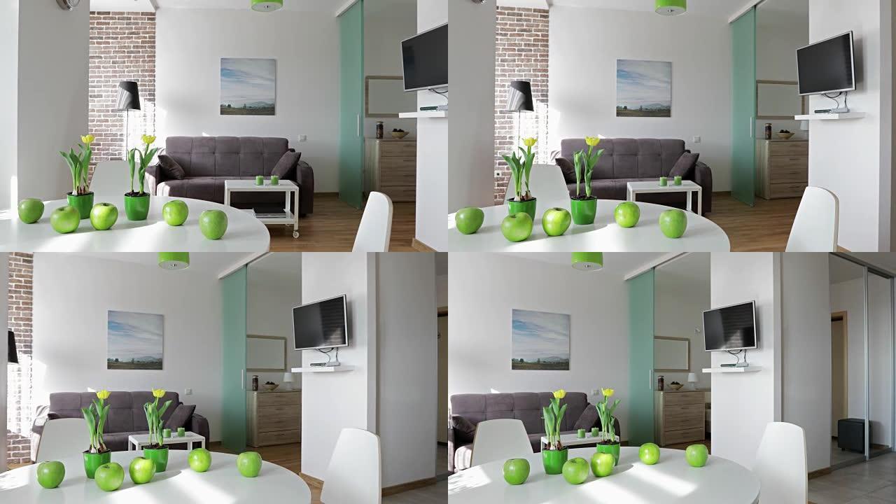 4K.斯堪的纳维亚风格的新现代公寓的内部。运动全景视图。