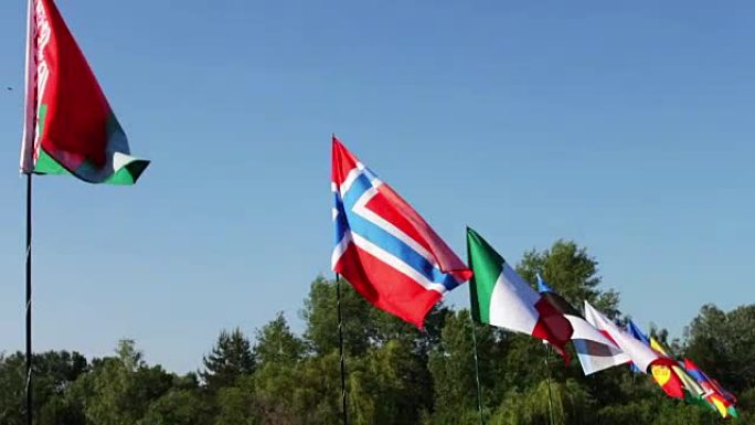 不同州的旗帜在风中摇摆。不同国家的许多旗帜在风中飘扬